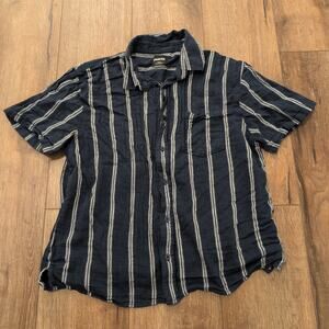 RSQ Navy Blue Short Sleeve Button-Down Shirt with White Stripes